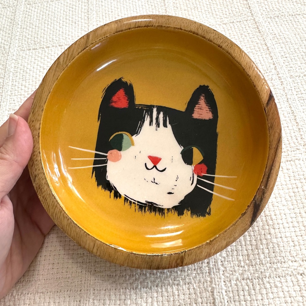 Cat Face Mango Wood Trinket‎ Bowl Dish Catchall Dish Danica Studio Yellow